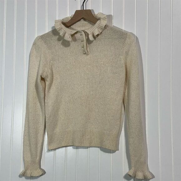 Vintage Andrew St John Silk Angora Blend Ruffle Collar Pearl Button Sweater L - Picture 1 of 8
